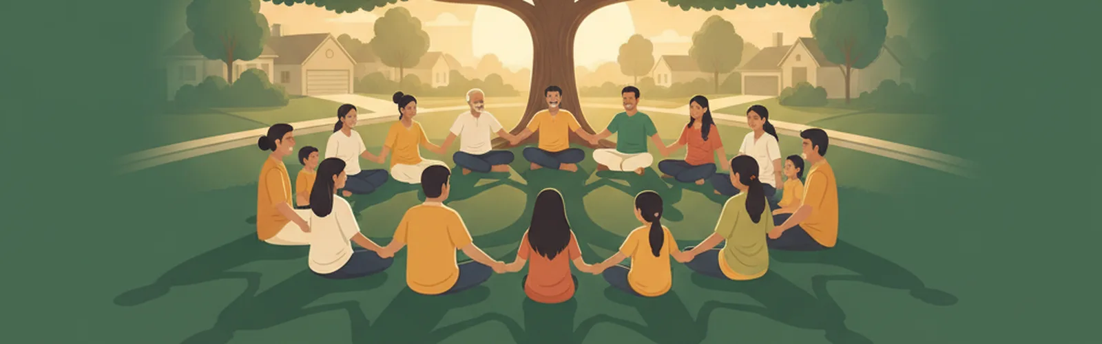 Elders, parents, and children sit in a gentle circle under a wide tree canopy, hands resting on hands.