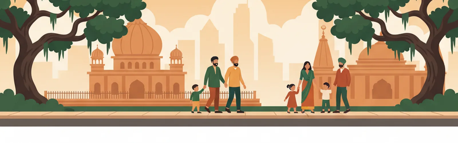 An Irving streetscape at golden hour — gurdwara dome and mandir among live oaks, families walking.